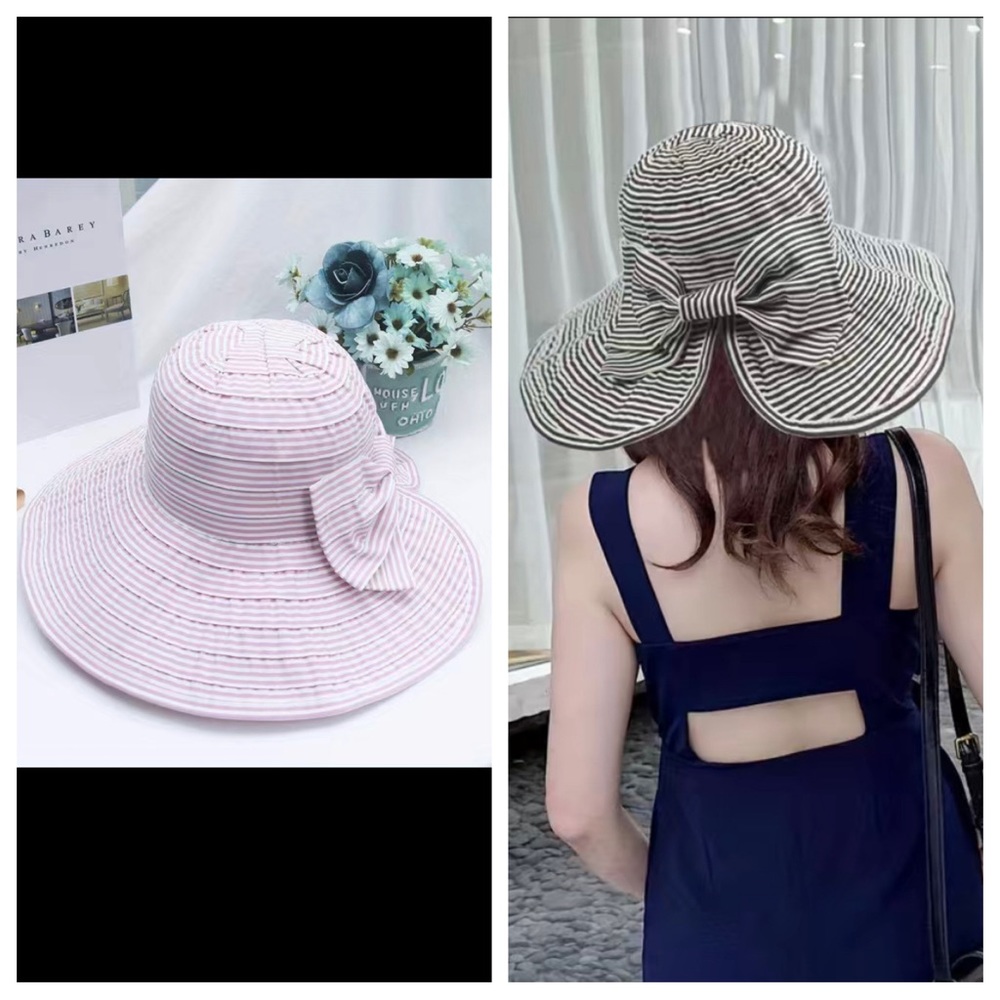Wide brim foldable Split back hair tie friendly Sun hat - pink stripes